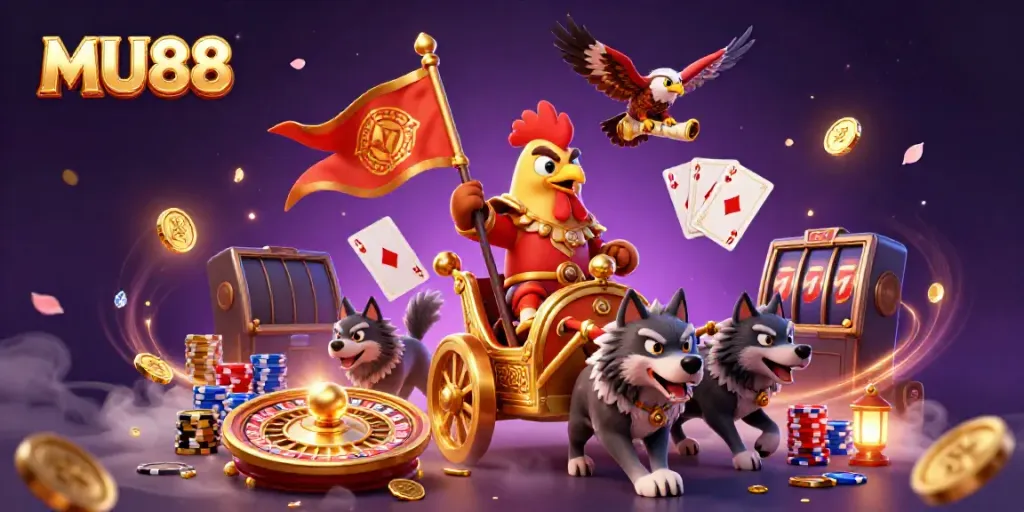 MU88 leads thrilling gameplay with a 3D rooster warlord amidst cascading coins and vibrant casino elements.