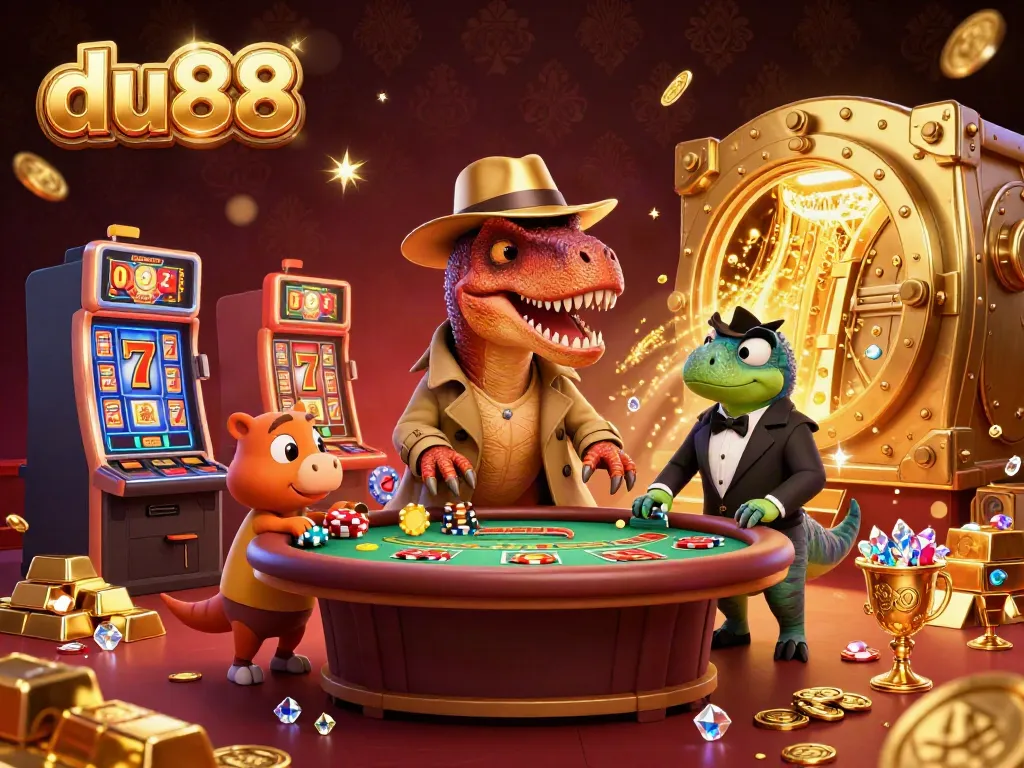 Experience thrilling moments at du88 with vibrant 3D cartoon characters at a blackjack table surrounded by gold treasures.