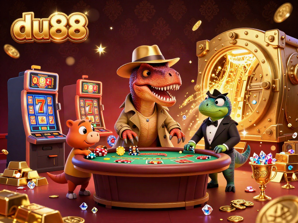 Experience thrilling moments at du88 with vibrant 3D cartoon characters at a blackjack table surrounded by gold treasures.
