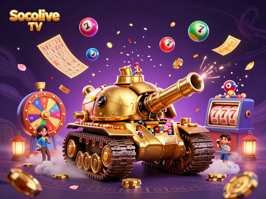 Socolive TV players enjoy vibrant casino action with a golden beetle tank amid a confetti explosion