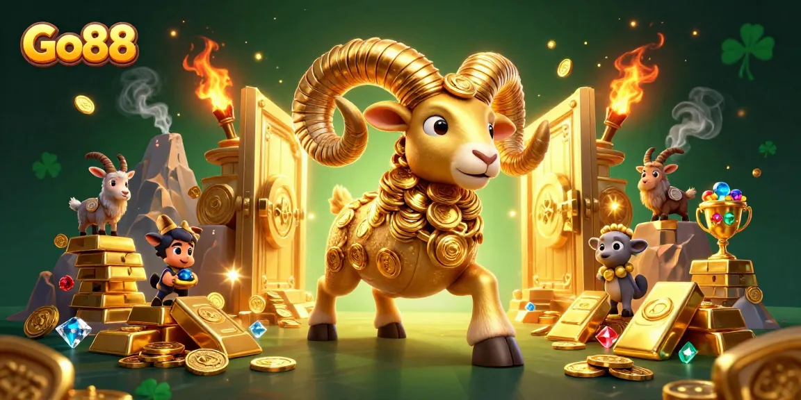 Engage with Go88's vibrant casino scene featuring a golden ram amidst treasures and gaming excitement.