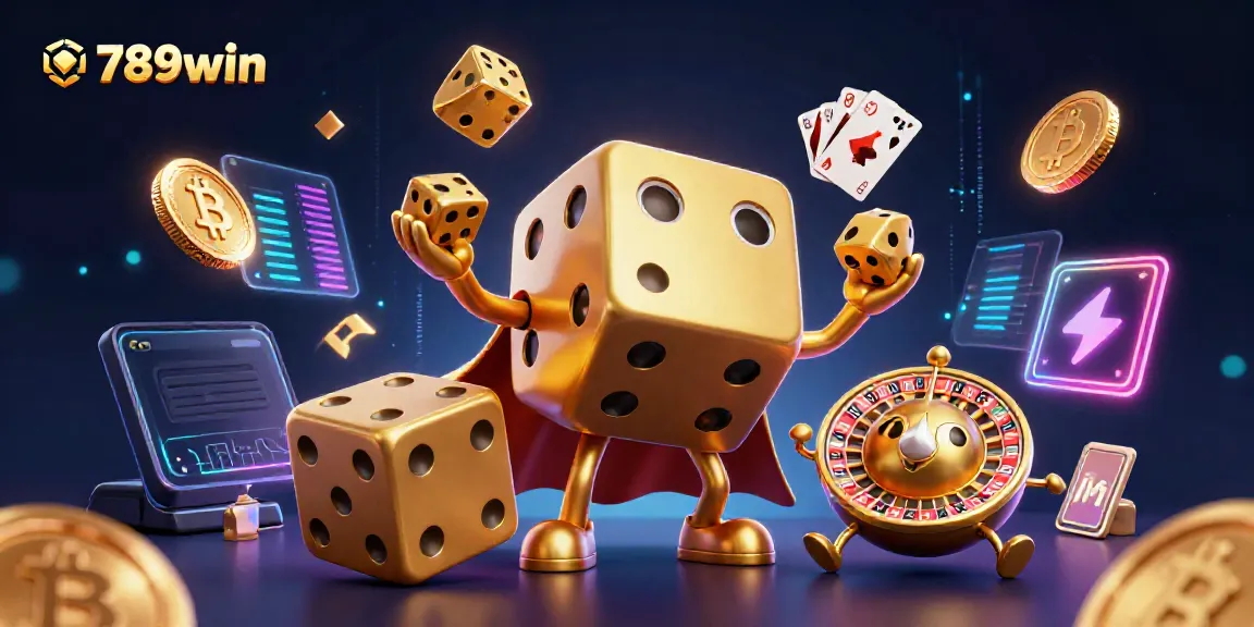 Engage with 789win's golden dice mascot amidst vibrant crypto elements, showcasing thrilling casino energy.