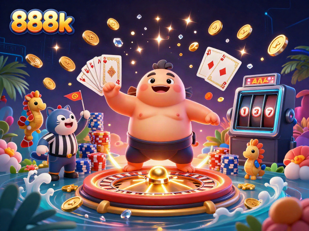 Experience the thrill of 888k with a festive underwater gambling scene featuring a fugu, catfish referee, and playful seahorses.