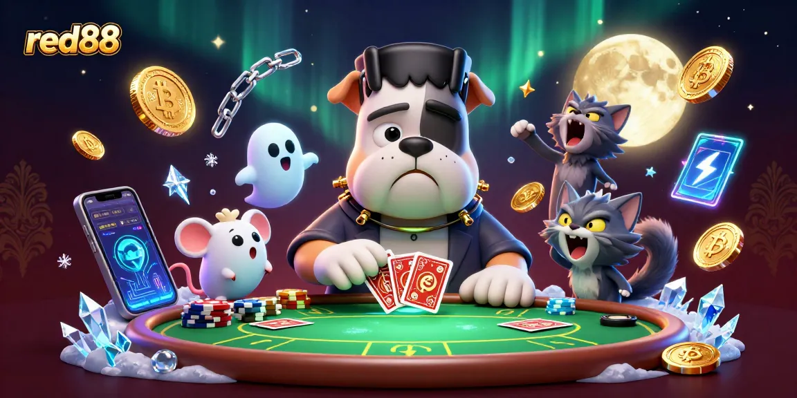 Engage in thrilling poker with red88 featuring a Frankenstein bulldog dealer and ghostly mouse.
