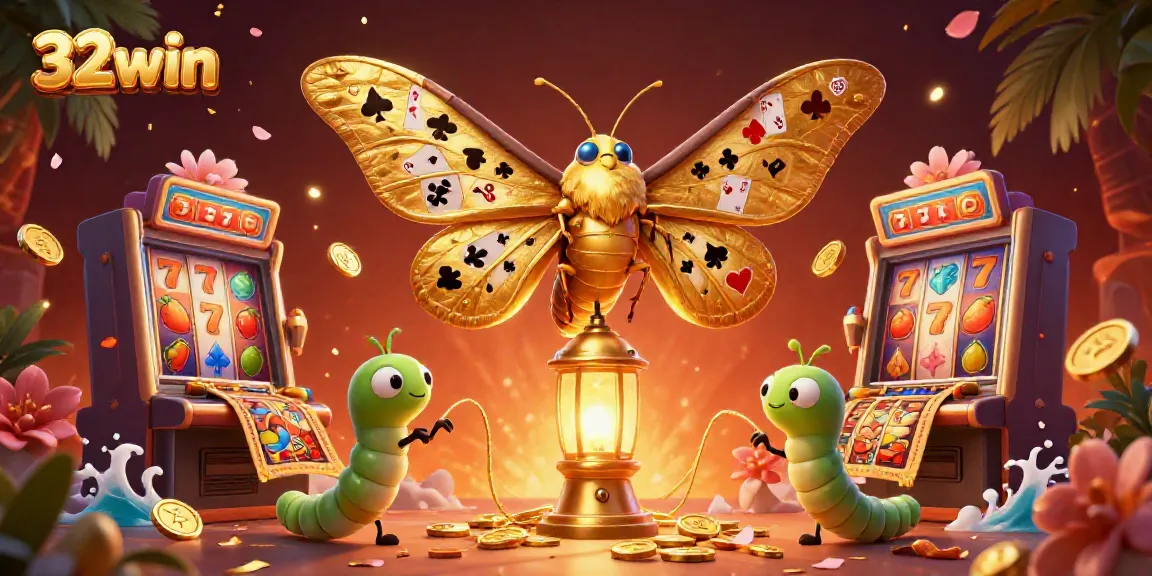 Experience the magic of 32win with vibrant casino elements and a stunning atlas moth in 3D.