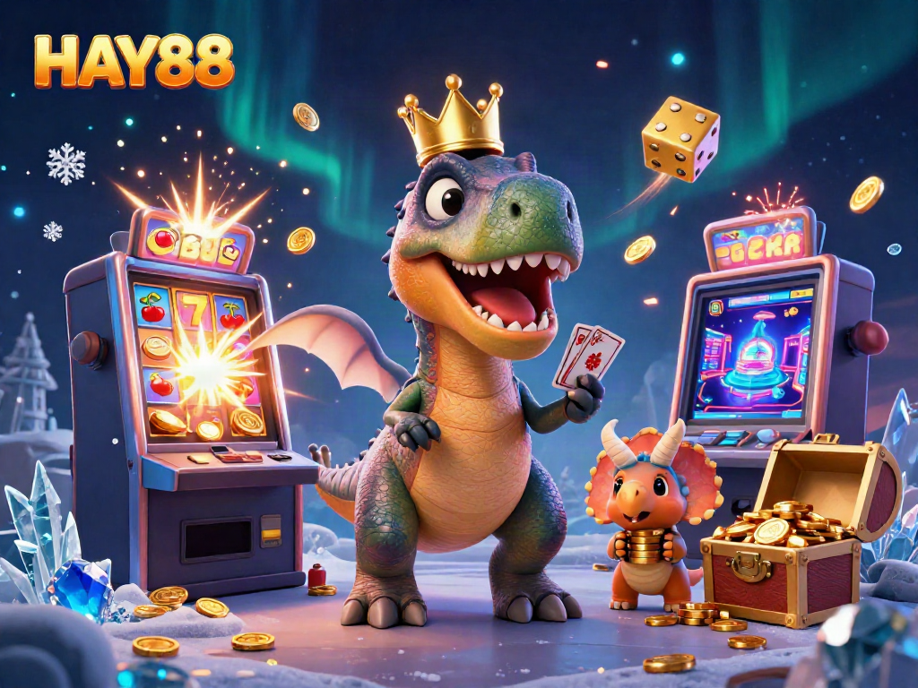 Experience thrilling gameplay at HAY88 with a friendly T-Rex shuffling cards amid a jackpot explosion.