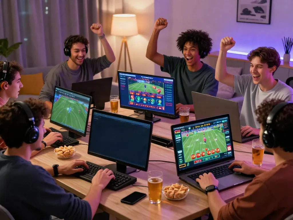 Engaging gaming scene featuring players enjoying online betting on https://ku88v1.com/ with lively atmosphere and modern setup.