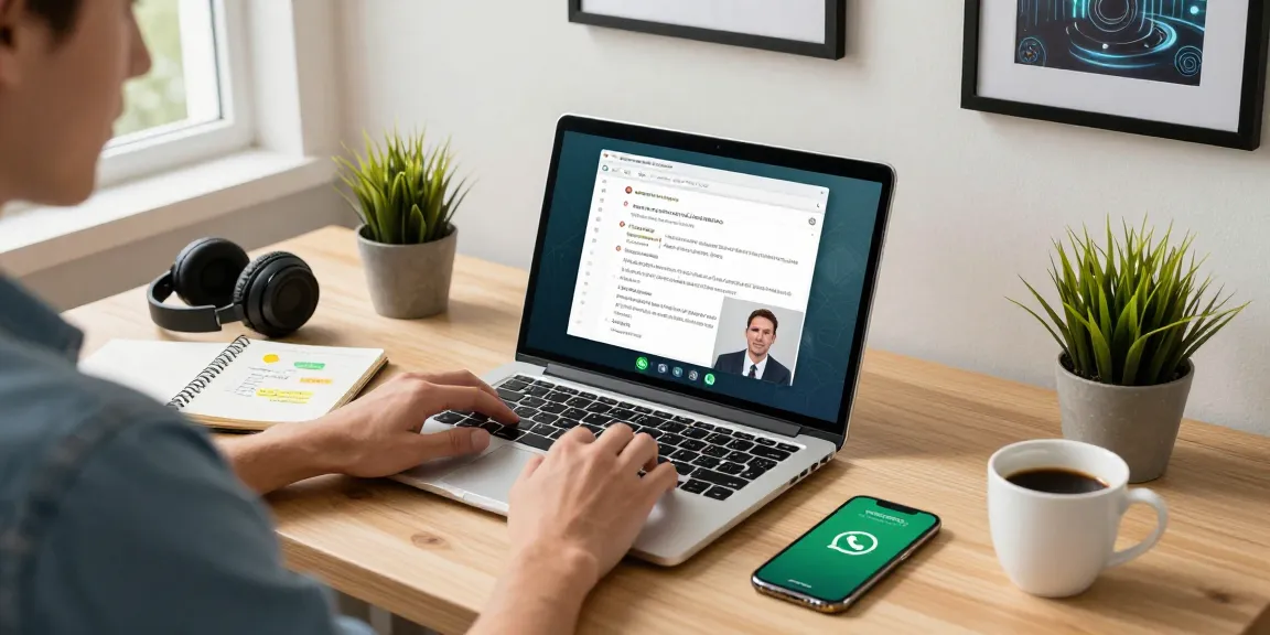 Person using WhatsApp電腦版 in a modern home office, engaged in video call with vibrant workspace elements.