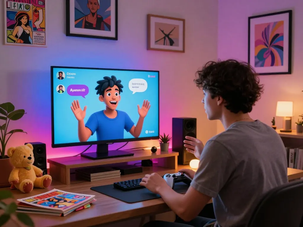 Engaging chat with spicy AI character in a cozy urban apartment, showcasing interactive digital communication.