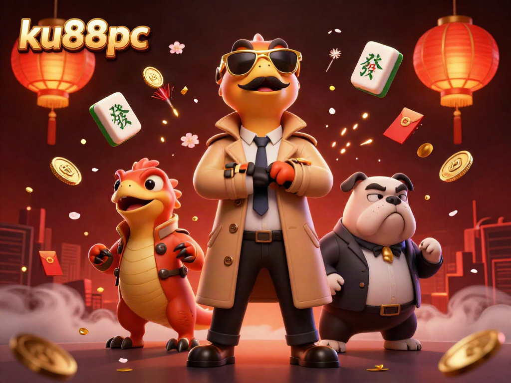 Raptors in a trench coat entering a casino lounge, ku88pc logo, vibrant gaming elements.