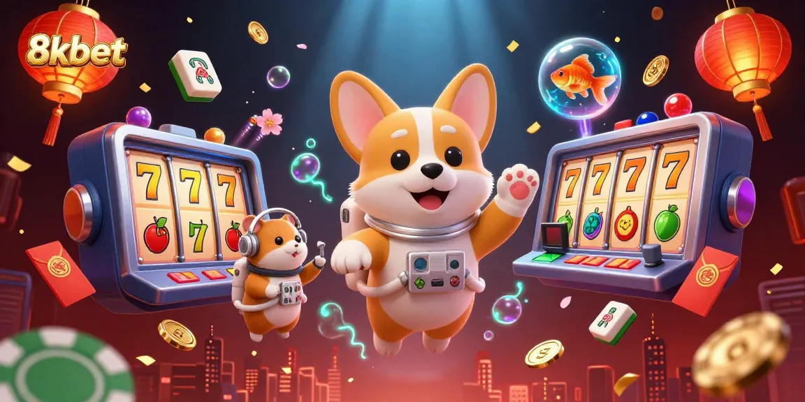 Engage in thrilling 8kbet casino action with a floating corgi and vibrant game elements.