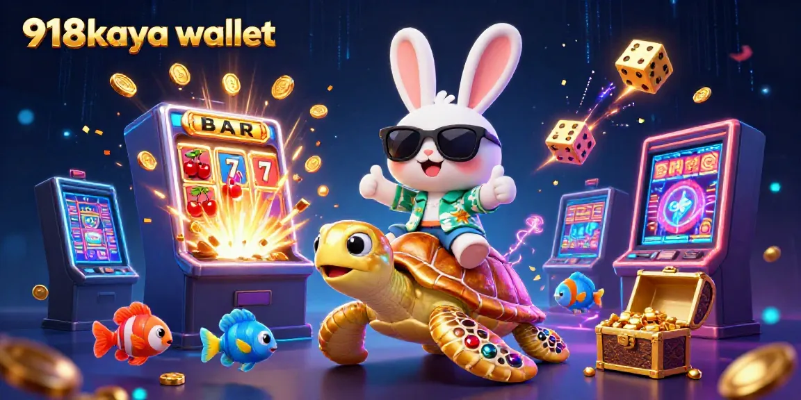 Experience the thrilling 918kaya wallet with a fun 3D scene featuring a lucky rabbit and a golden sea turtle amidst jackpot elements.