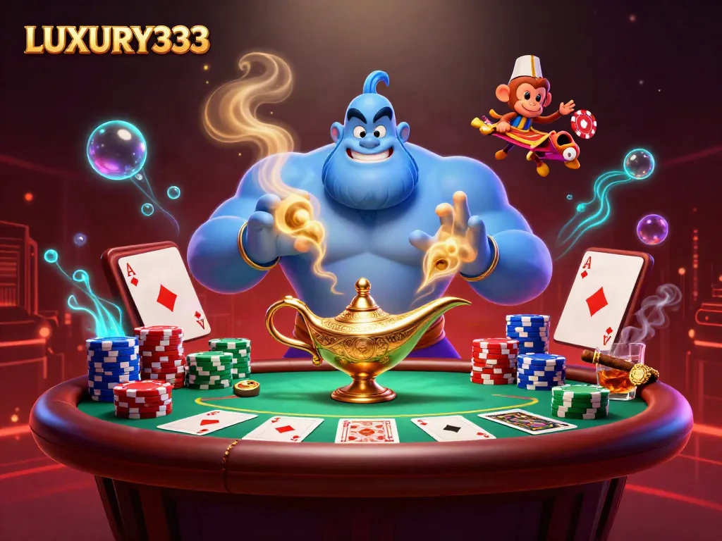 Experience thrilling fun with LUXURY333's dynamic casino scene featuring genies, poker, chips, and excitement.