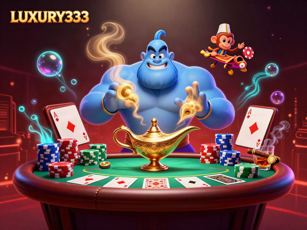 Experience thrilling fun with LUXURY333's dynamic casino scene featuring genies, poker, chips, and excitement.