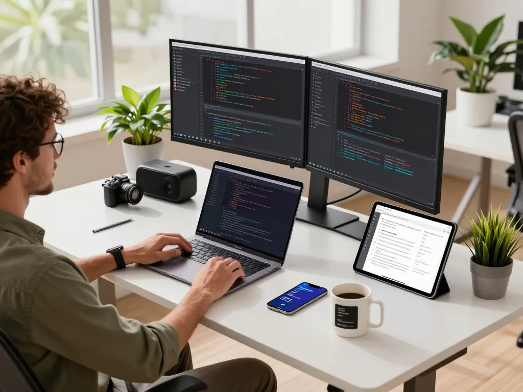 Person in a modern workspace showcasing must have tech gadgets like dual monitors and a Bluetooth speaker in a bright environment.