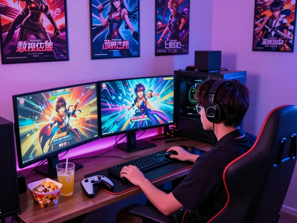 Engaging scene of a gamer immersed in adult visual novel games, showcasing vibrant gameplay and gaming culture.