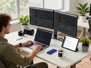Person in a modern workspace showcasing must have tech gadgets like dual monitors and a Bluetooth speaker in a bright environment.