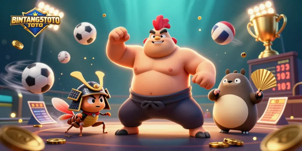BINTANG5TOTO promotes an exciting online casino experience with dynamic sports action highlighted in a vibrant digital illustration.