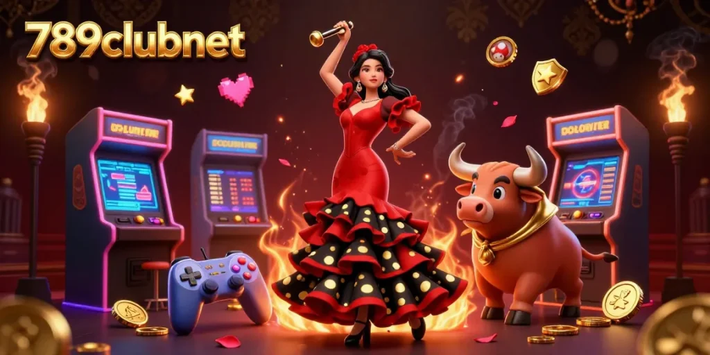 Engage with thrilling games at 789clubnet featuring vibrant 3D casino elements and an enchanting flamenco dancer.