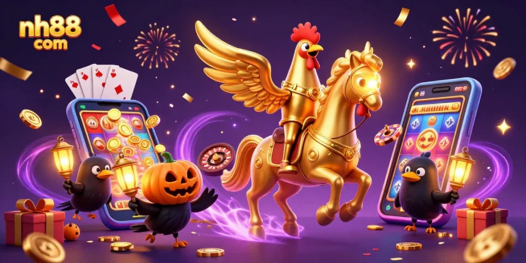 Experience exciting gameplay at nh88 com with golden rooster and magical casino backdrop.