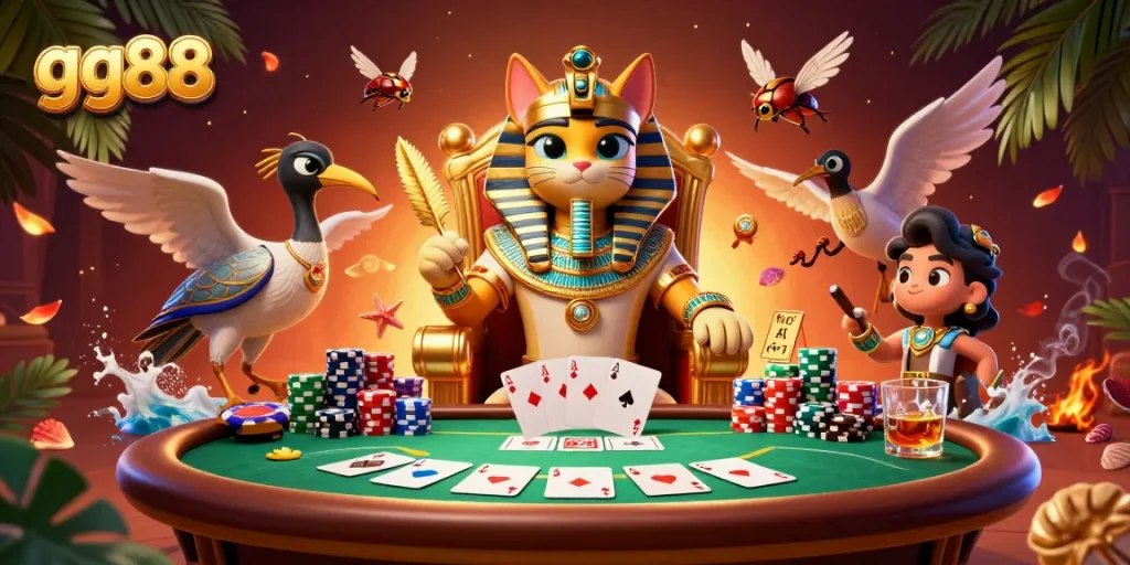 Win big at gg88 with a vibrant 3D casino scene featuring a royal pharaoh cat and poker elements.