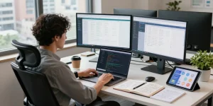 Engaging workspace with developer focused on WPS Download interface, showcasing productivity tools in a vibrant office.