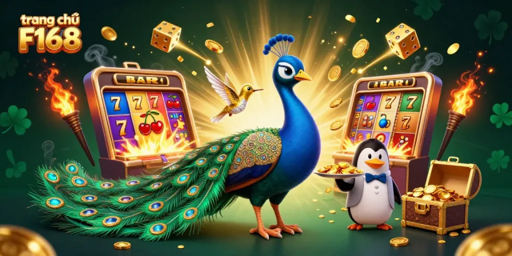 Experience excitement on trang chủ F168 with vibrant casino games, golden chips, and jackpot symbols.