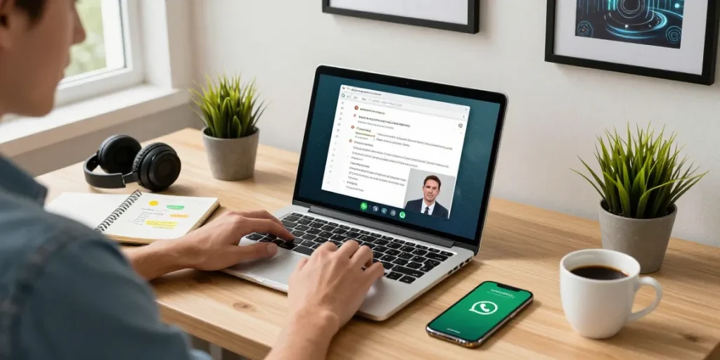 Person using WhatsApp電腦版 in a modern home office, engaged in video call with vibrant workspace elements.