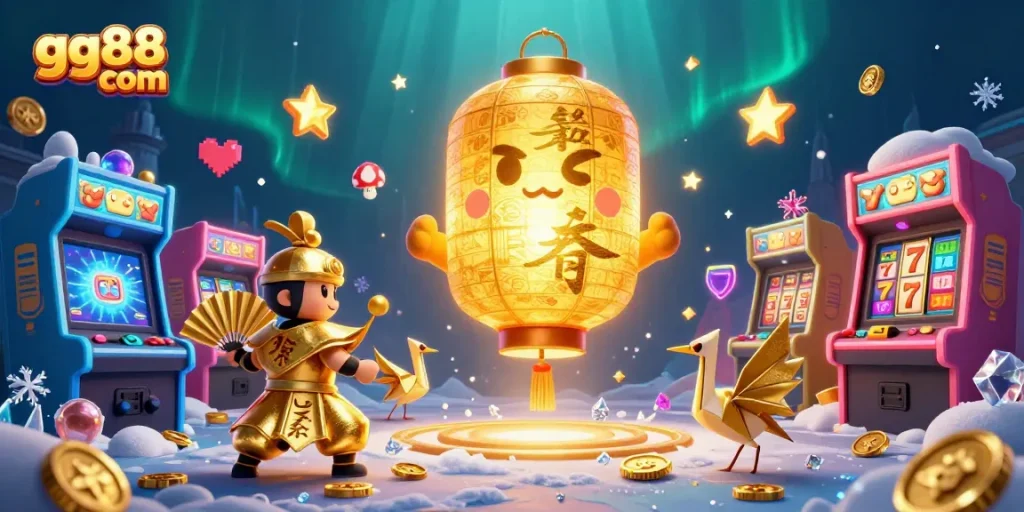 Experience thrilling wins with GG88 com in this vibrant casino-themed 3D illustration featuring lucky symbols and games.