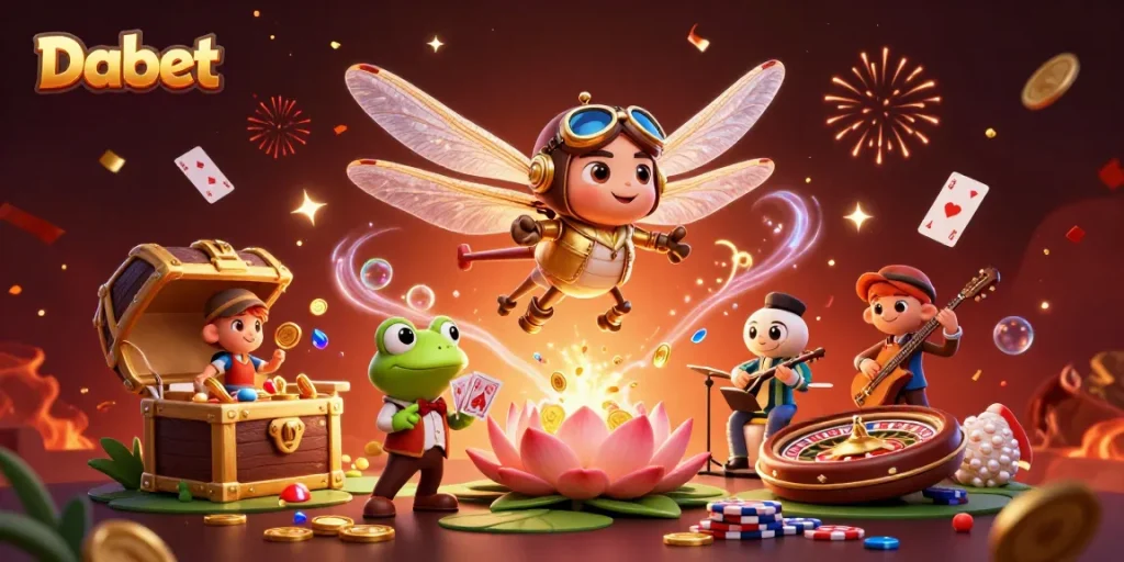 Dabet elevates casino excitement, featuring a dragonfly pilot over a lily pad casino with a frog croupier.