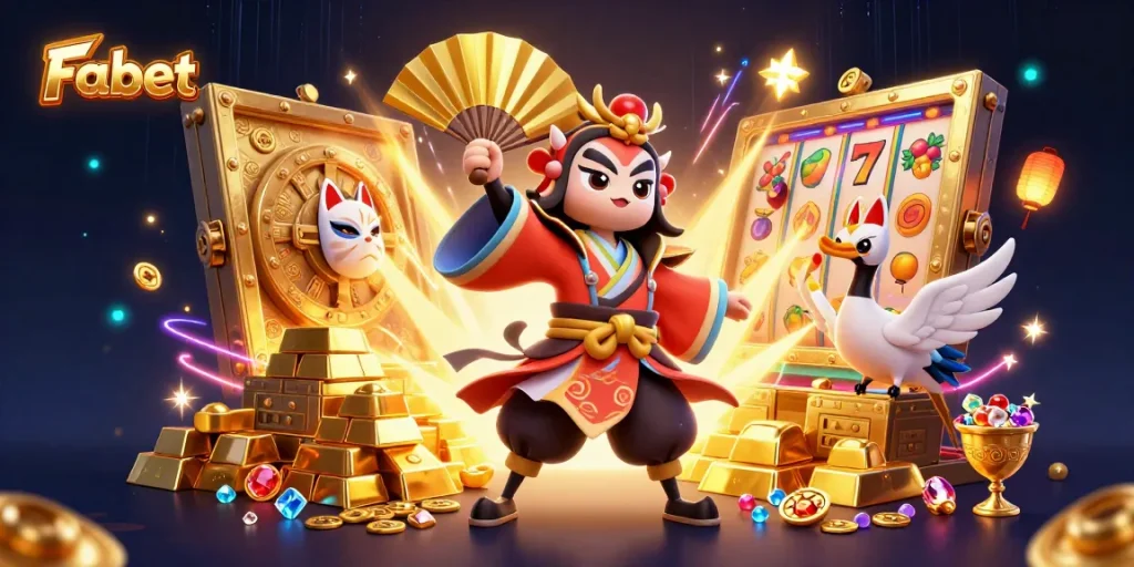 Experience the thrill of Fabet with a vibrant, detailed 3D casino illustration featuring a kabuki warrior.