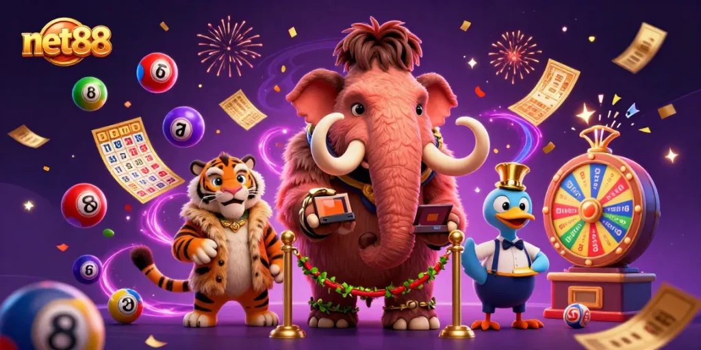 Experience net88's lively casino scene featuring a mammoth bouncer, VIP saber-tooth tiger, and colorful lottery elements.