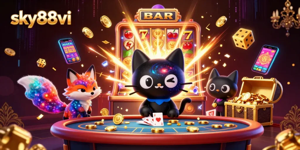 Engage with sky88vi's exciting cosmic casino experience featuring vibrant characters and game elements.