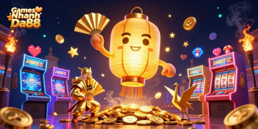 Engage with Games Nhanh Da88 featuring a golden lantern spirit and vibrant casino elements.