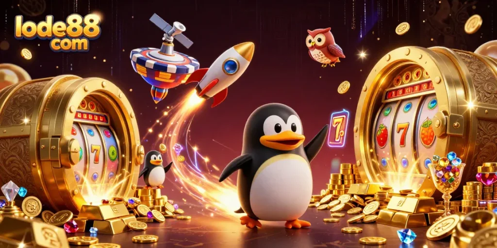Experience lode88 com with this stellar digital art, featuring a penguin in space with slot elements.