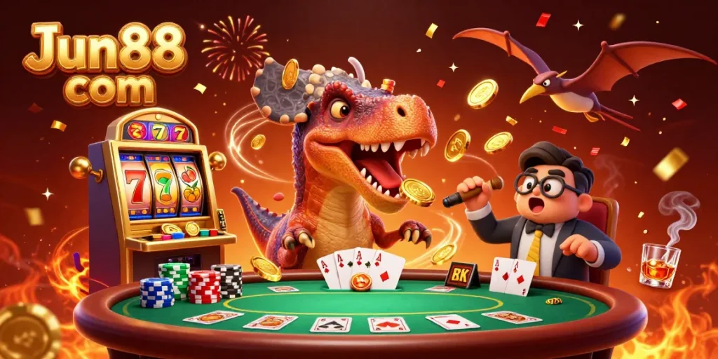 Catch flying coins at Jun88 com as a pachycephalosaurus hits a slot machine for a jackpot.