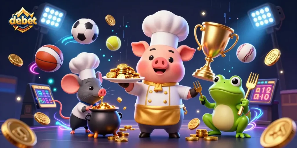 Experience gambling with debet through a lively scene featuring a chef pig serving gold coins, creating excitement and engagement.