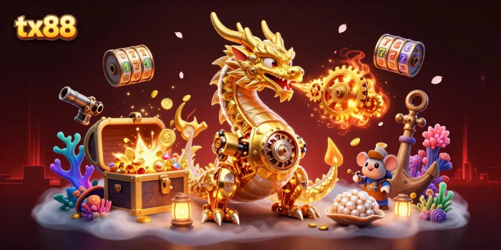 Engage with the thrill of tx88 as golden treasures explode from a dragon's fire in this vibrant casino scene.