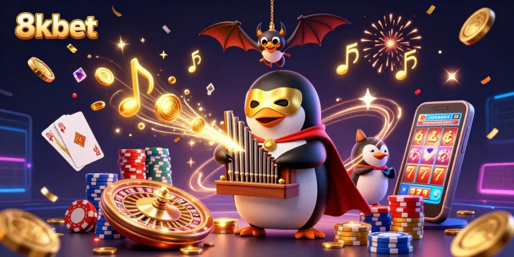 Experience thrilling gameplay with 8kbet's vibrant casino scene featuring golden coins and gaming excitement.