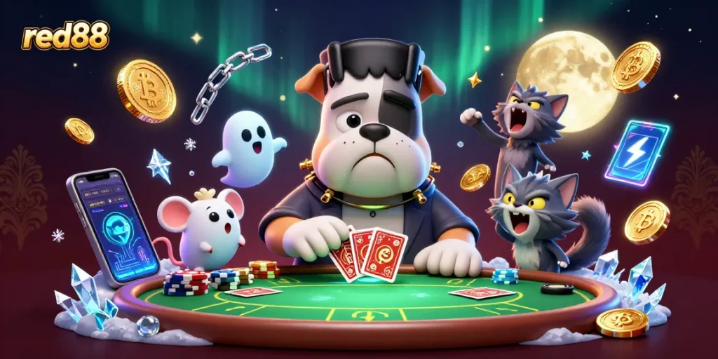 Engage in thrilling poker with red88 featuring a Frankenstein bulldog dealer and ghostly mouse.