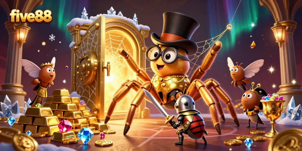 Experience the vibrant world of five88 as a golden tarantula weaves brilliance amid sparkling gems and golden treasures.