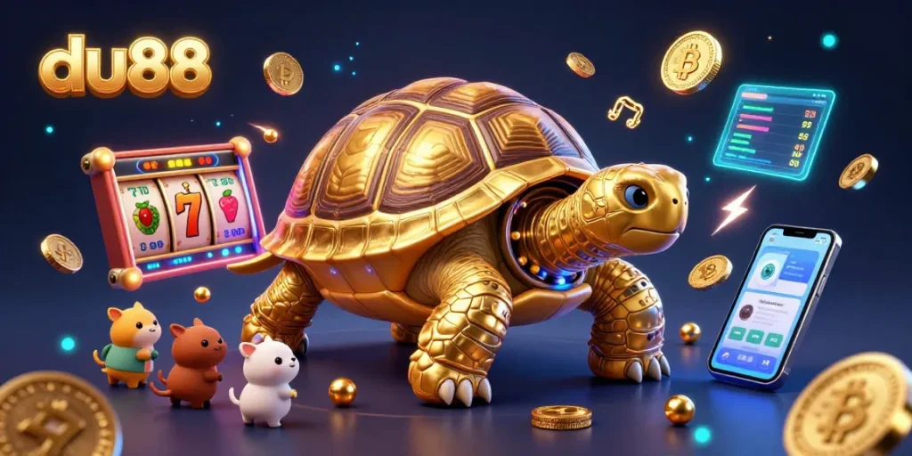 Experience thrilling gambling at du88 with vibrant slot elements and a colossal golden tortoise illustration.
