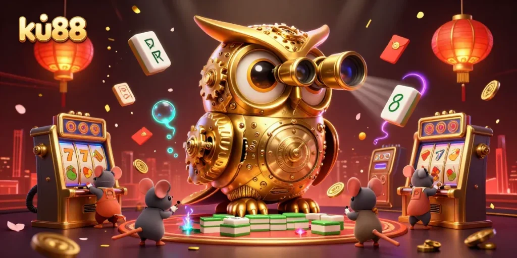 Experience exciting gameplay at ku88 with vibrant golden owl and dynamic slot scene.