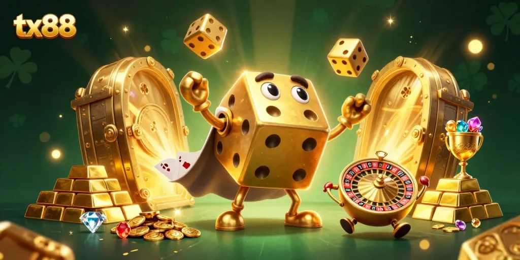 Engage with tx88's exciting casino adventure featuring golden dice and treasure.