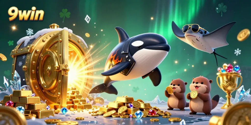 Experience excitement at 9win with vibrant sea creatures and treasures in an animated casino scene.