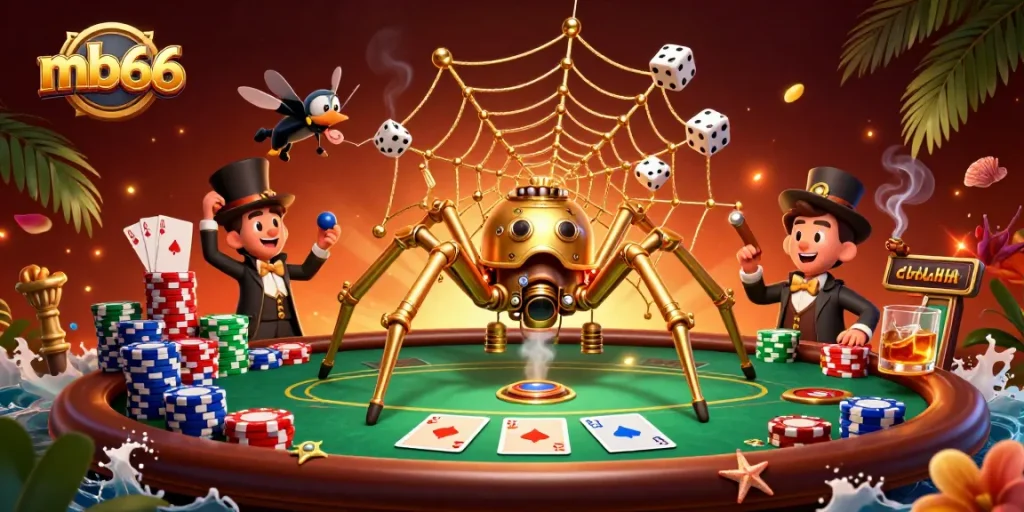 Engage with mb66’s energetic casino scene featuring a steampunk spider and Victorian fly, amidst vibrant poker elements.