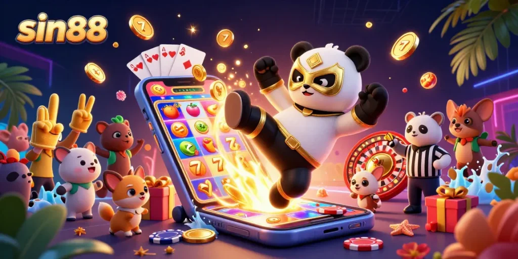 Sin88 captivates players with a panda wrestler in action amidst slot game excitement.