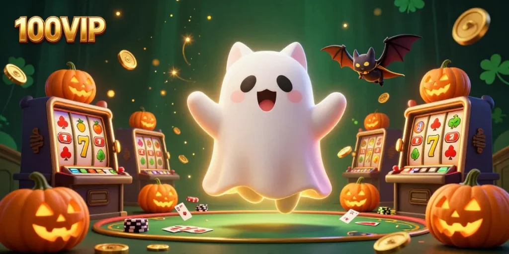 Engage in thrilling action at 100VIP's haunted casino with a ghostly cat and glowing jack-o-lanterns.
