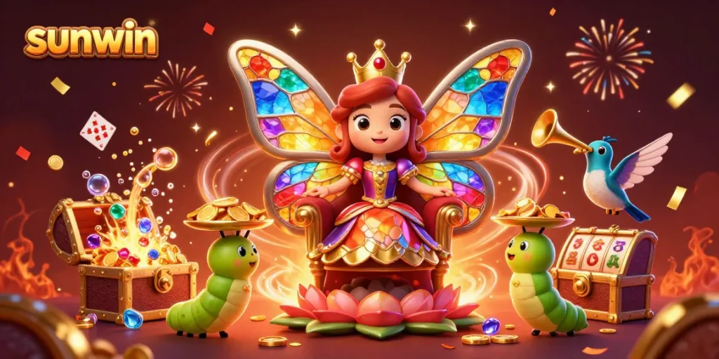 Join the sunwin excitement with colorful slot games and vibrant characters celebrating at an online casino.